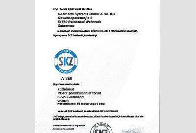 SKZ UNATHERM põrandaküttetoru PRO-5 PE-RT sertifikaat